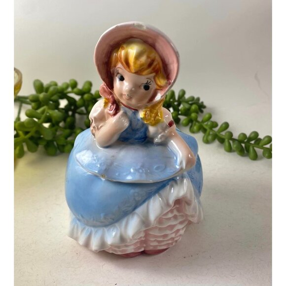 Vintage Lefton 3697 Bloomer Girl Sugar Jam Jar with Lid Ceramic Figurine - Picture 1 of 8